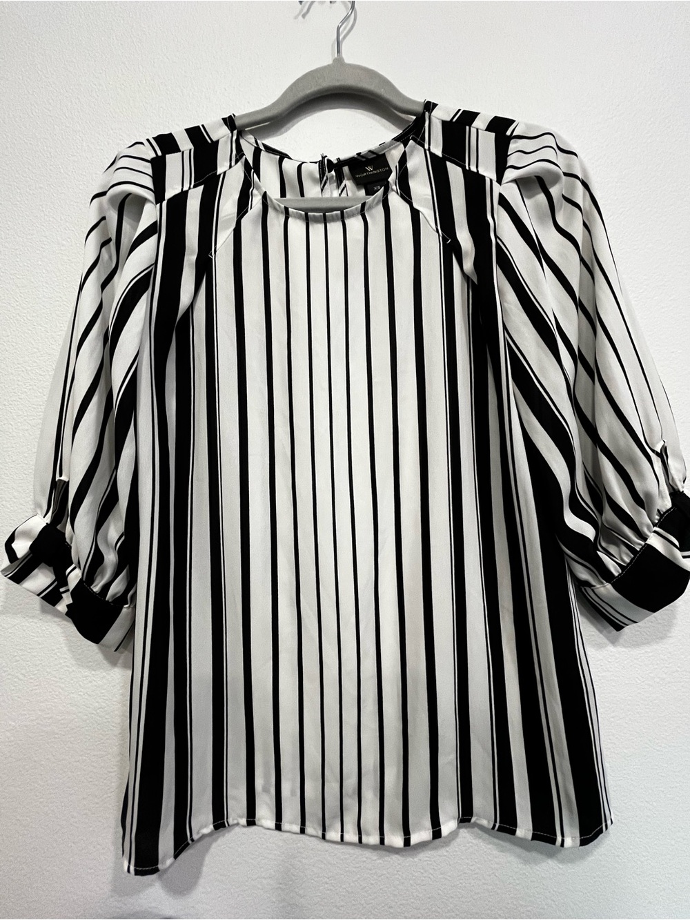 Worthington Black White Striped Blouse 3/4 Sleeve Bow Cuffs XS
